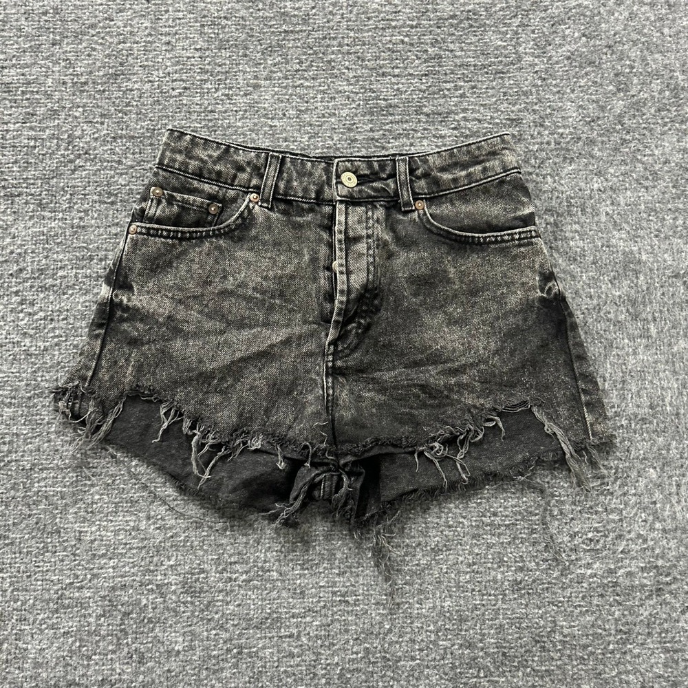 Mango Jean Shorts Womens Size 2 Black Acid Wash Distressed Cotton Raw Hem Cutoff